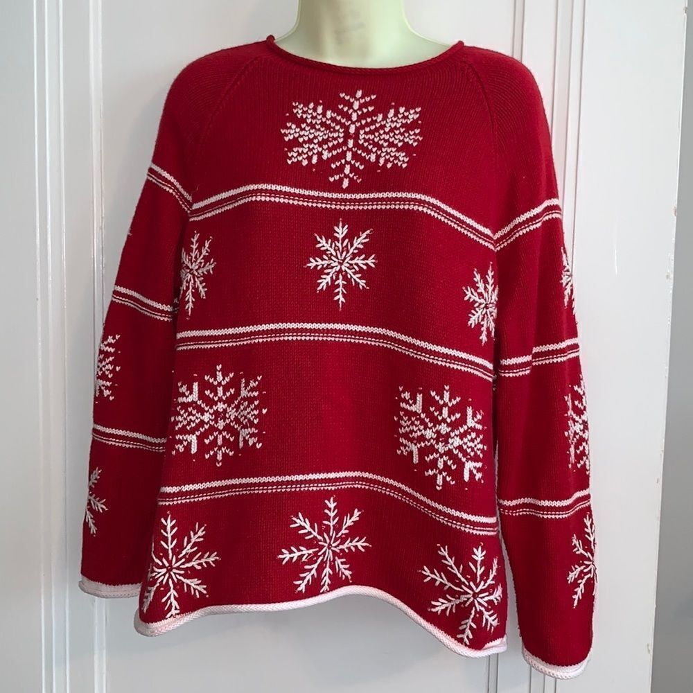 Vtg 90s Lizsport red sweater with white snowflakes